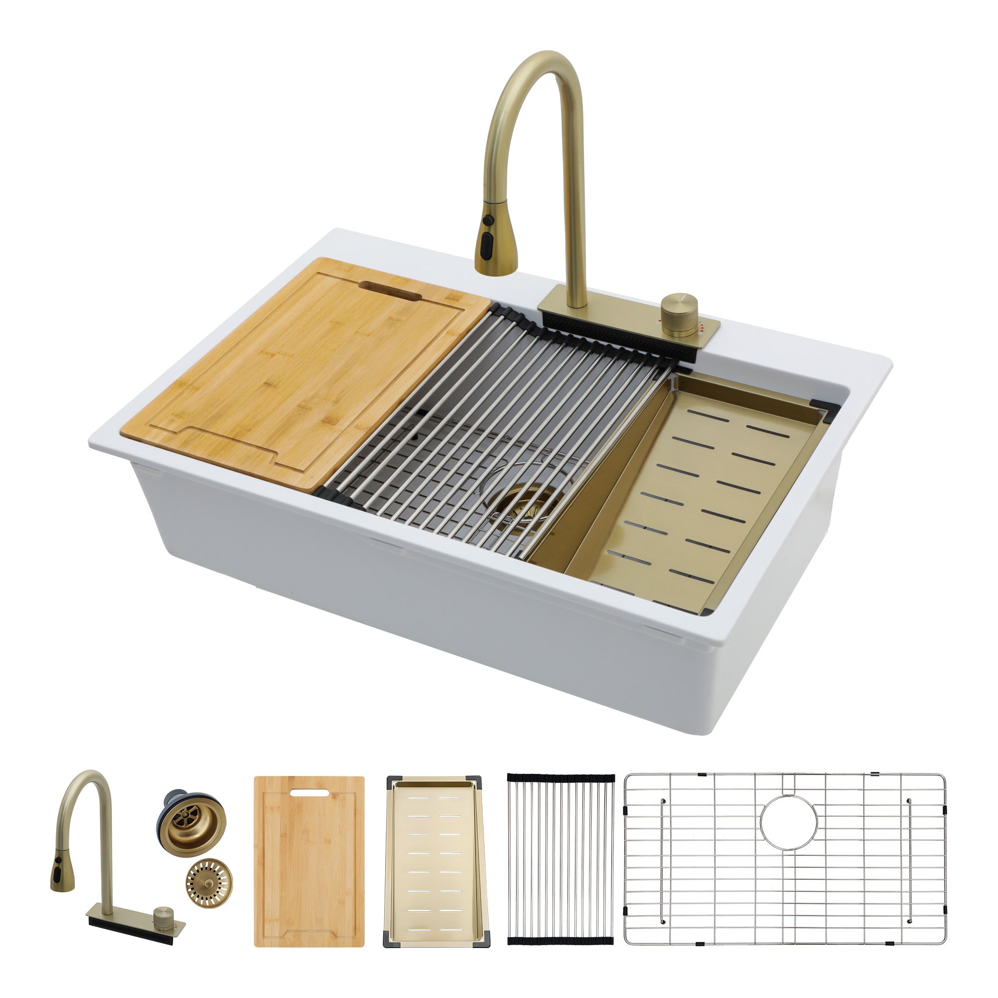 Dcolora 33x22 Waterfall Smart Kitchen Sink Workstation White Drop In Single Bowl Multifunctional Sink With Faucet