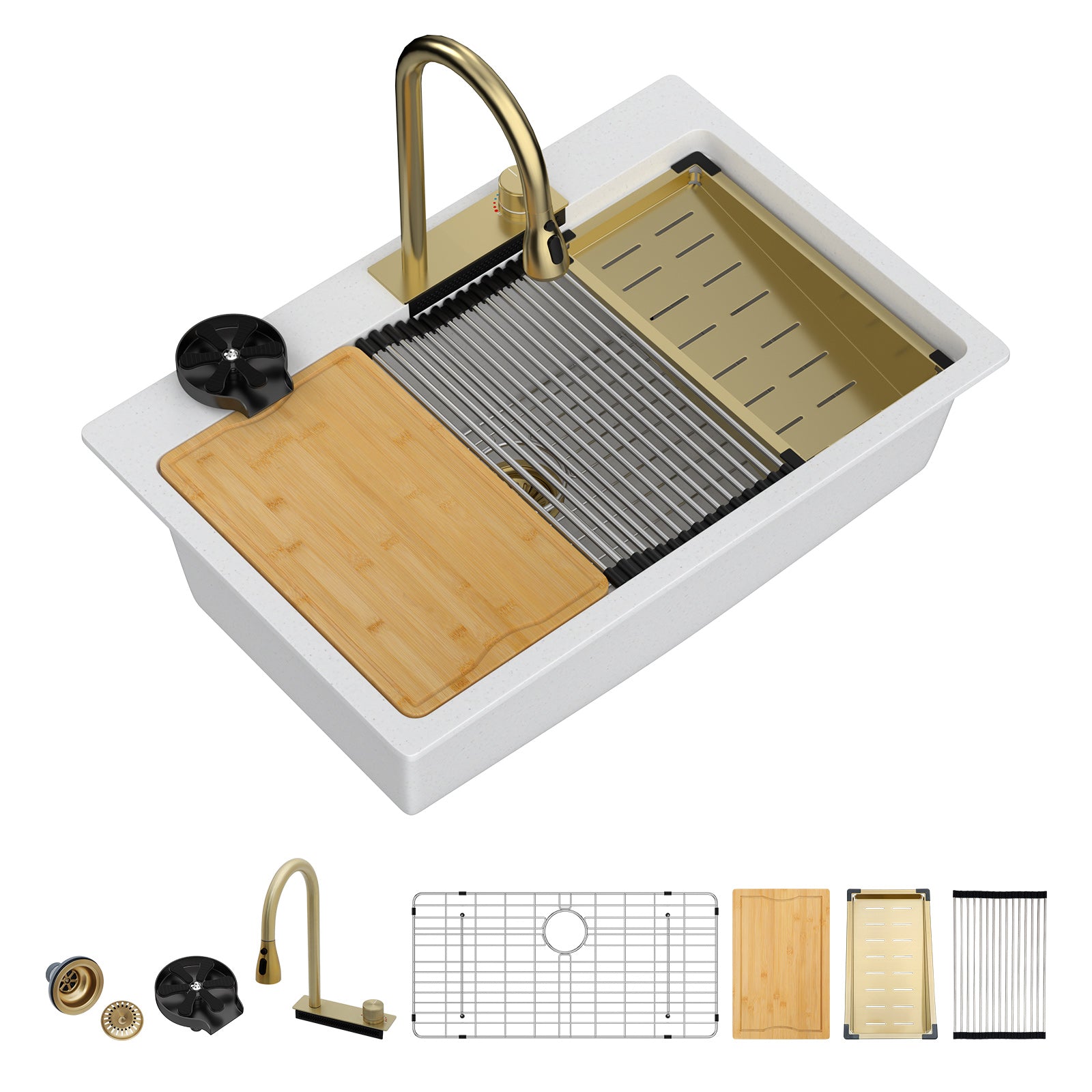 Dcolora 33x22 Waterfall Smart Kitchen Sink Workstation White Drop In Single Bowl Multifunctional Sink With Faucet And Cup Washer,33 Inch Granite Composite DC-GWT7433FY