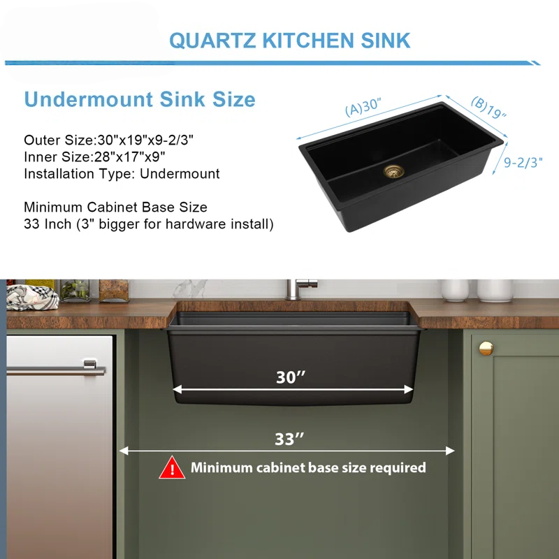 Dcolora 30'' Kitchen Sink - Undermount Single Bowl R10 Round Corner - Black Granite Composite Workstation with Cutting Board and Grid