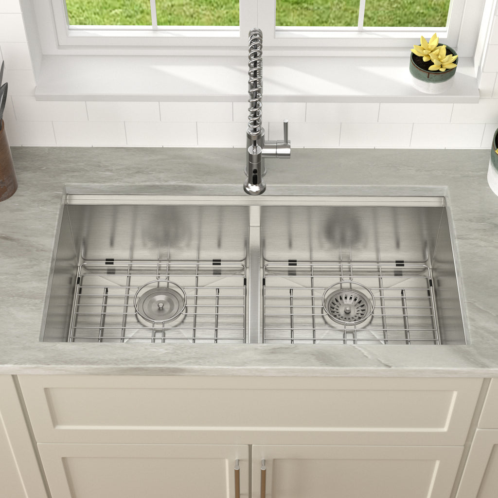 Dcolora 36''x19''x10'' Undermount Large Double Bowl Kitchen Sink, 16 Gauge Stainless Steel 50/50 Low Divide Split with Workstation