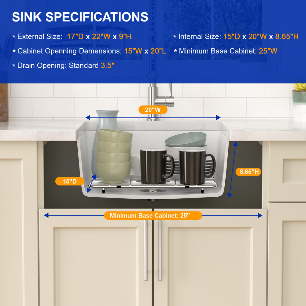 Dcolora 22''x17''x9'' White Undermount Wet Bar Sink, Single Bowl Modern Kitchen Granite Composite Deep Prep Small Basin