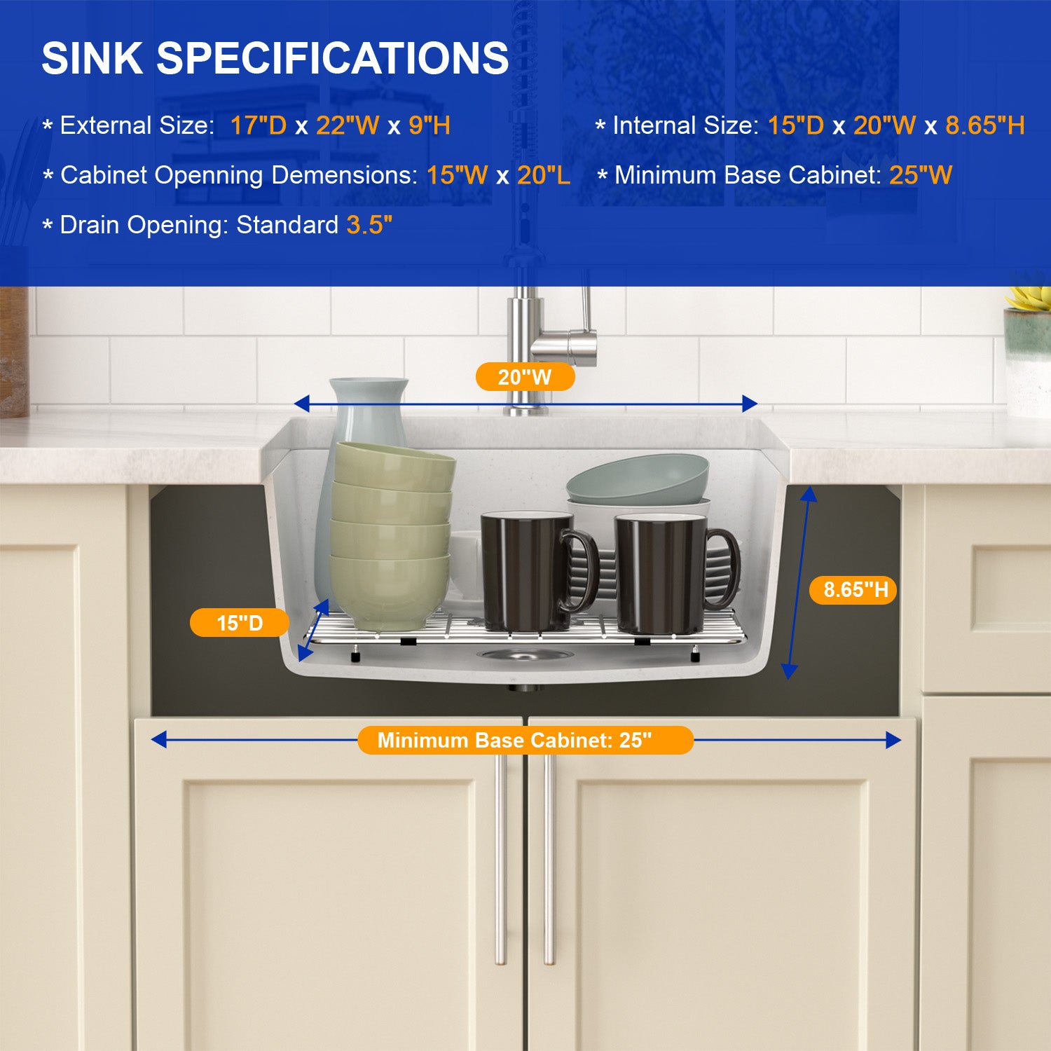 Dcolora 22 Inch Undermount Wet Bar Sink Single Bowl Modern Kitchen Sink White Granite Composite Deep Prep Small Sink 22"×17"×9",DC-GUW003