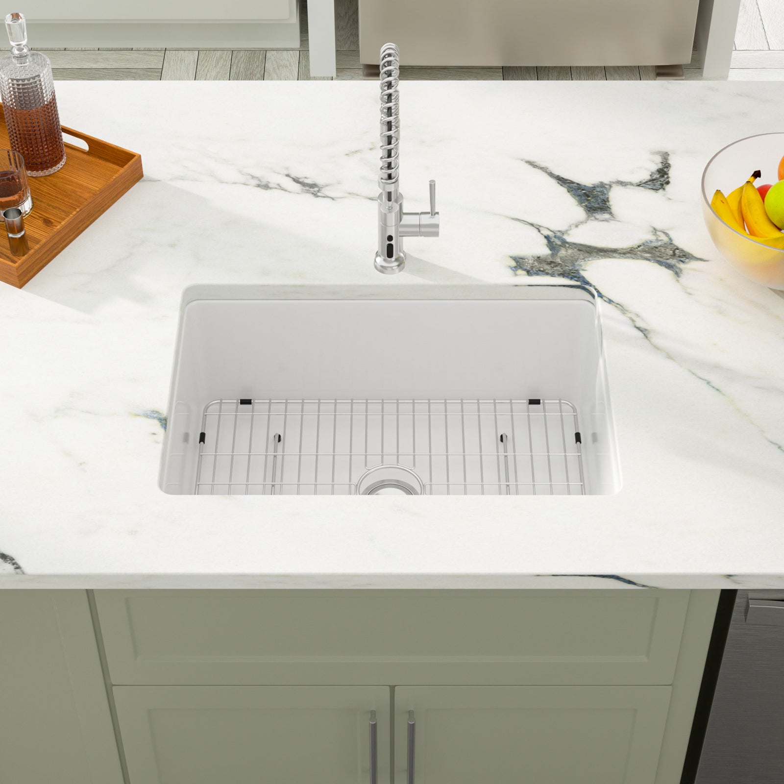 Dcolora 27 Inch White Undermount Kitchen Sink Handmade Ceramic Fireclay Deep Single Bowl Under Counter Sinks Porcelain Dual Mount, Round Corner 27"x19"x10", DC-U7745