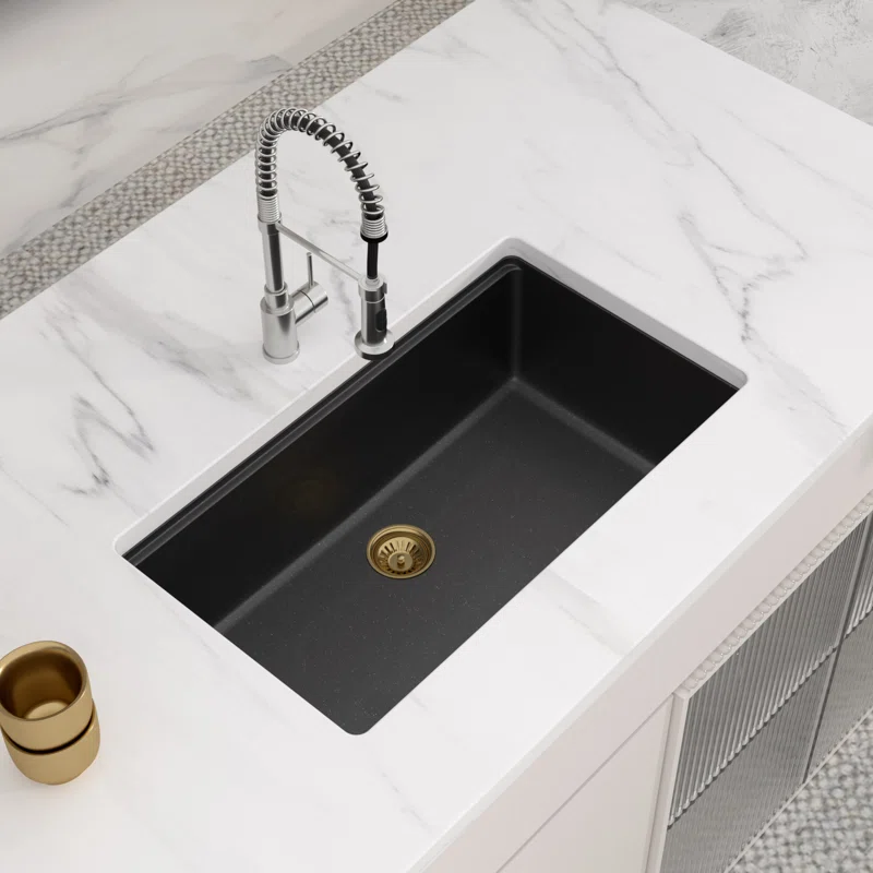 Dcolora 33'' Kitchen Sink - Undermount Single Bowl R10 Round Corner - Black Granite Composite Workstation with Cutting Board and Grid