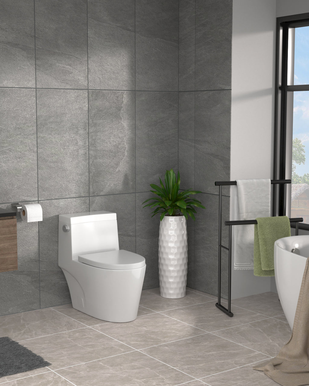 Dcolora One Piece Toilet, 1.28 GPF Efficient Flush, Chair Height Comfort Seat, Modern Design, 12'' Rough-In, Ivory White