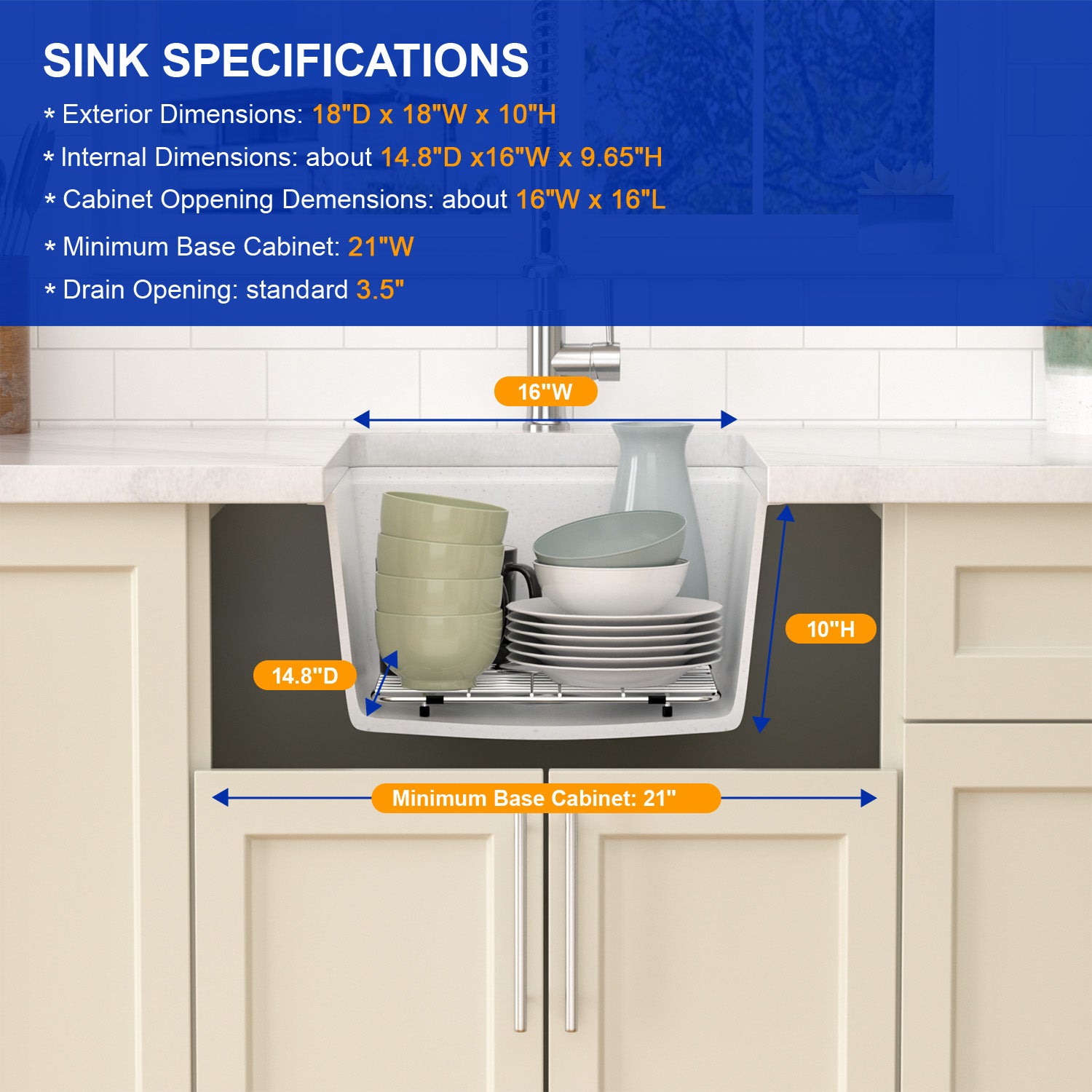 Dcolora 18 Inch Undermount White Wet Bar Sink Single Bowl Small Kitchen Sink Granite Composite Sink with Workstation #DC-GU0001WS