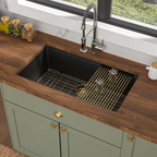 Dcolora 30'' Kitchen Sink - Undermount Single Bowl R10 Round Corner - Black Granite Composite Workstation with Cutting Board and Grid
