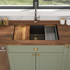 Dcolora 30'' Kitchen Sink - Undermount Single Bowl R10 Round Corner - Black Granite Composite Workstation with Cutting Board and Grid
