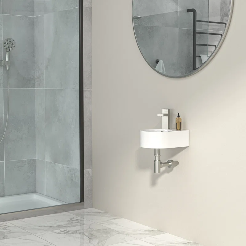 Dcolora 13'' x 10'' Wall Mounted Bathroom Sink - Circular White Ceramic Floating Basin with Faucet Hole