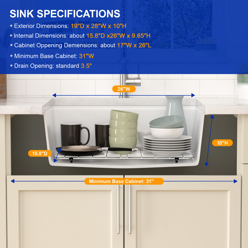Dcolora 28 Inch White Undermount Kitchen Sink Workstation Single Bowl Modern Kitchen Sink Granite Composite,#DC-GU0003WS