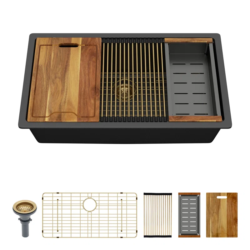 Dcolora 33'' Kitchen Sink - Undermount Single Bowl R10 Round Corner - Black Granite Composite Workstation with Cutting Board and Grid