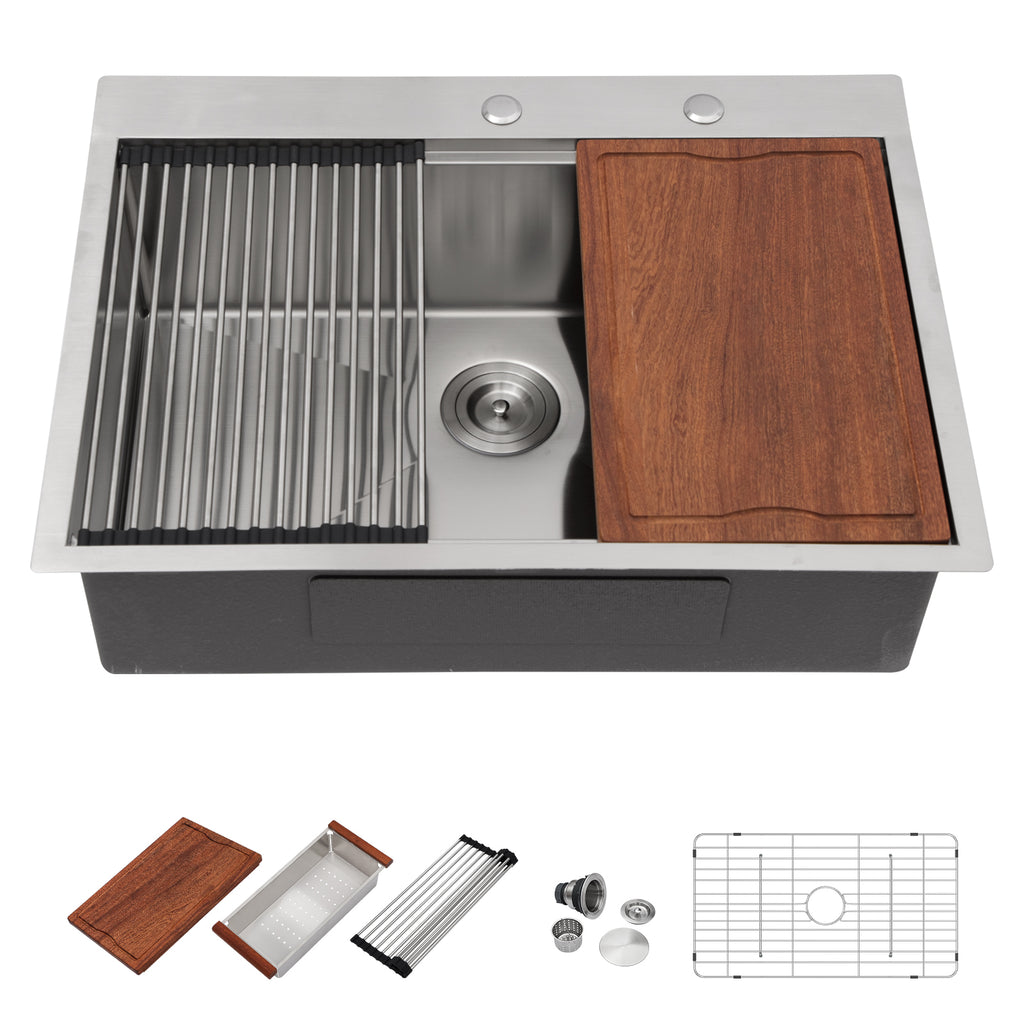 Dcolora 30''x22''x10'' Drop-In Kitchen Sink, 16 Gauge Stainless Steel Single Bowl Topmount Workstation Basin, Round Corner