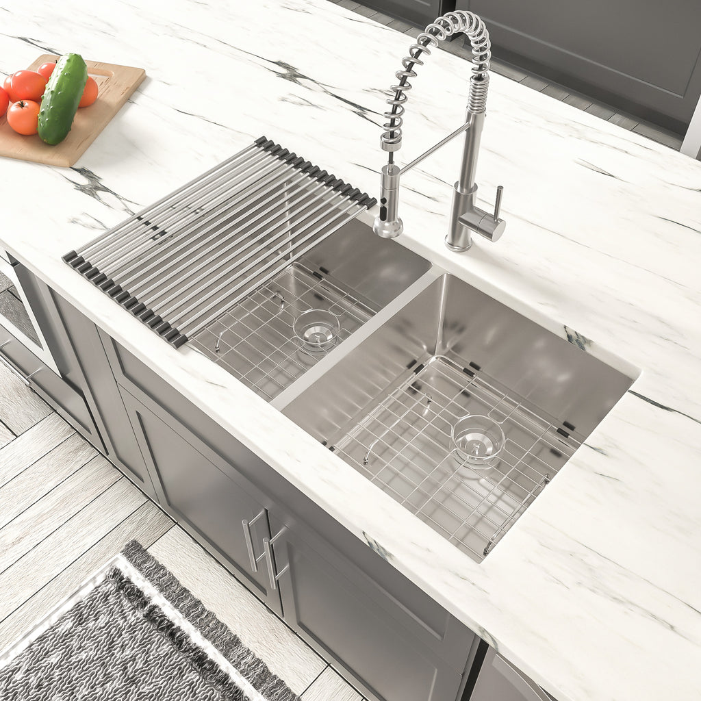 Dcolora 33''x19''x10'' Undermount Double Bowl Kitchen Sink, 16 Gauge 304 Stainless Steel 50/50 Split Large Basin, Round Corner
