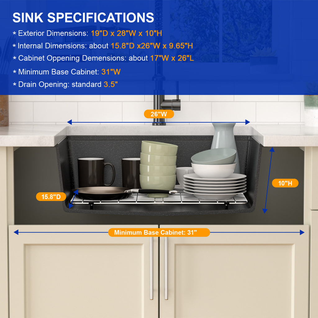 Dcolora 28'' Matte Black Undermount Kitchen Sink, Single Bowl Modern Workstation Granite Composite Basin, #DC-GU0004BS