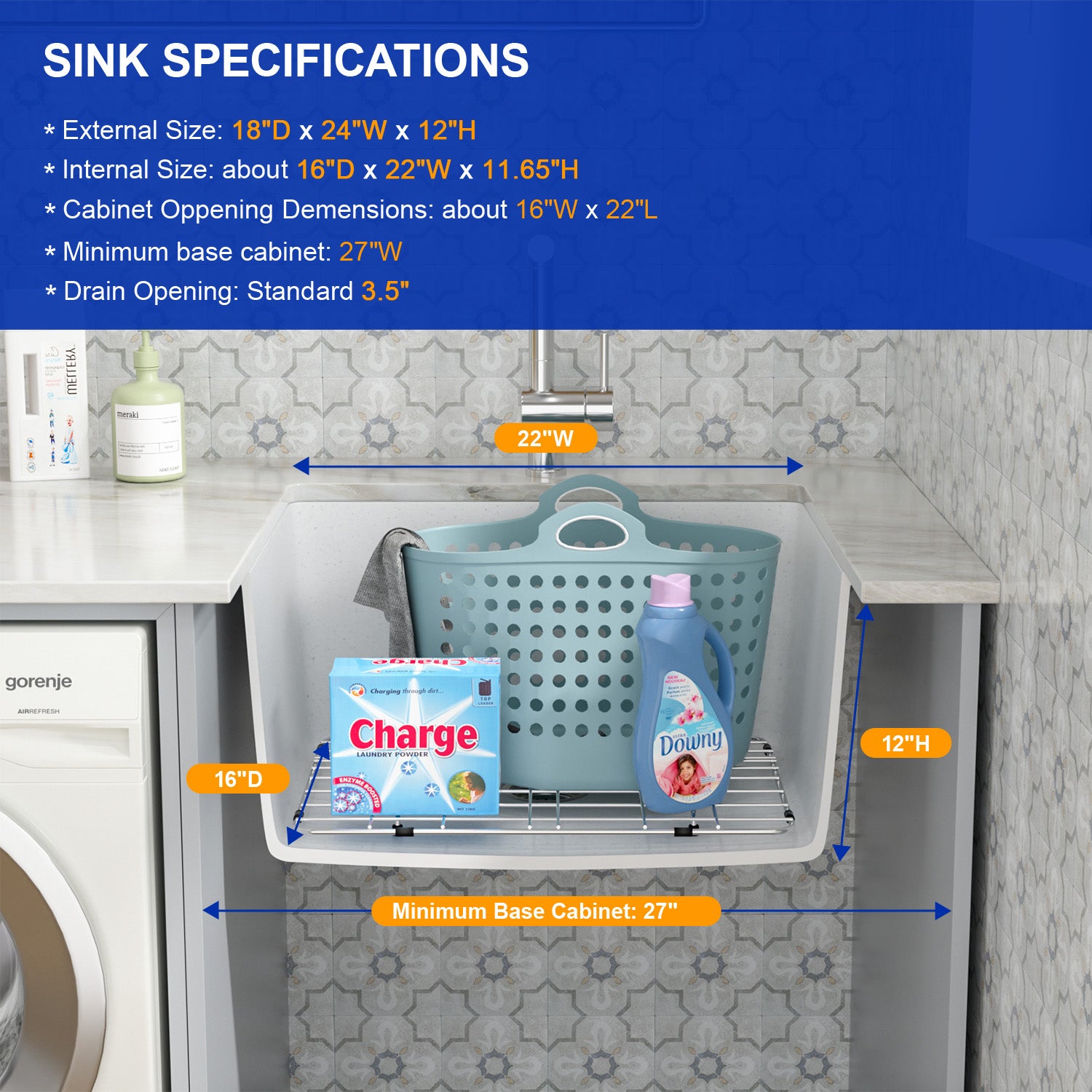 Dcolora 24 Inch White Undermount Deep Laundry Sink Single Bowl Laundry Utility Room Sink Granite Composite,#DC-0002GWL