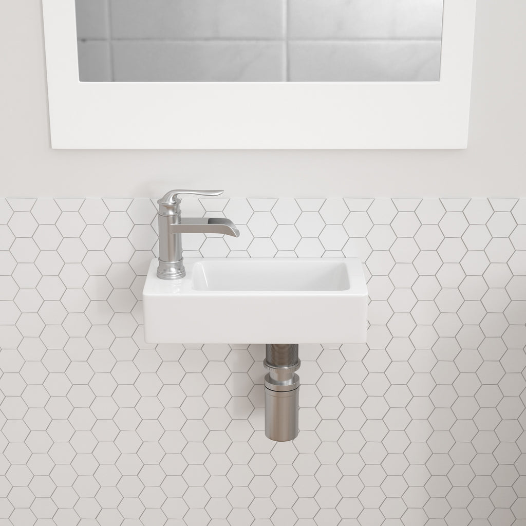 Dcolora 14.5''x7'' White Ceramic Wall Mounted Floating Sink, Rectangular Small Bathroom Basin, Right Hand