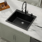 Dcolora 25''x22'' Black Quartz Drop-In Wet Bar Sink, Topmount Deep Single Bowl Prep Kitchen Basin, Round Corner