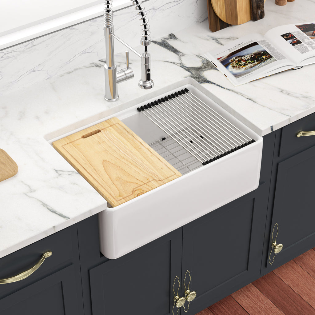 Dcolora 33" White Fireclay Workstation Farmhouse Apron Front Kitchen Sink Complete Accessory Kit
