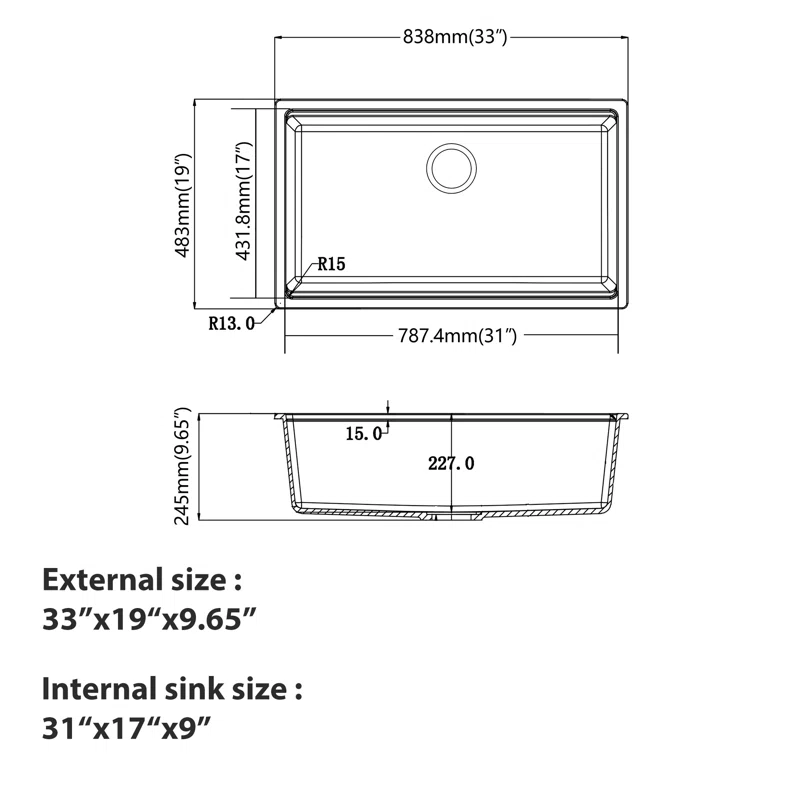 Dcolora 33'' Kitchen Sink - Undermount Single Bowl R10 Round Corner - Black Granite Composite Workstation with Cutting Board and Grid