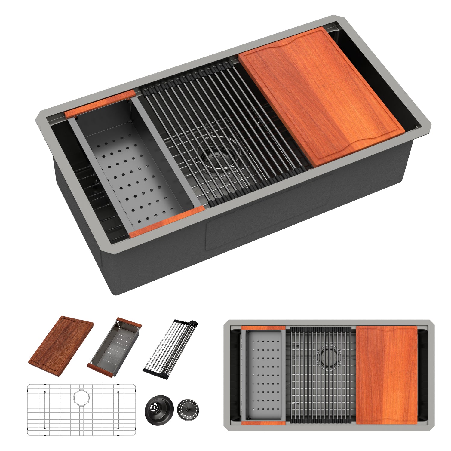 Dcolora 36 in. Black Undermount Kitchen Sink Workstation NANO-PVD Large Black Kitchen Sinks with Ledge Round Corner 16 304 Gauge Stainless Steel Single Bowl Basin, Gunmetal Black,36"x19"x10",DC-U7776