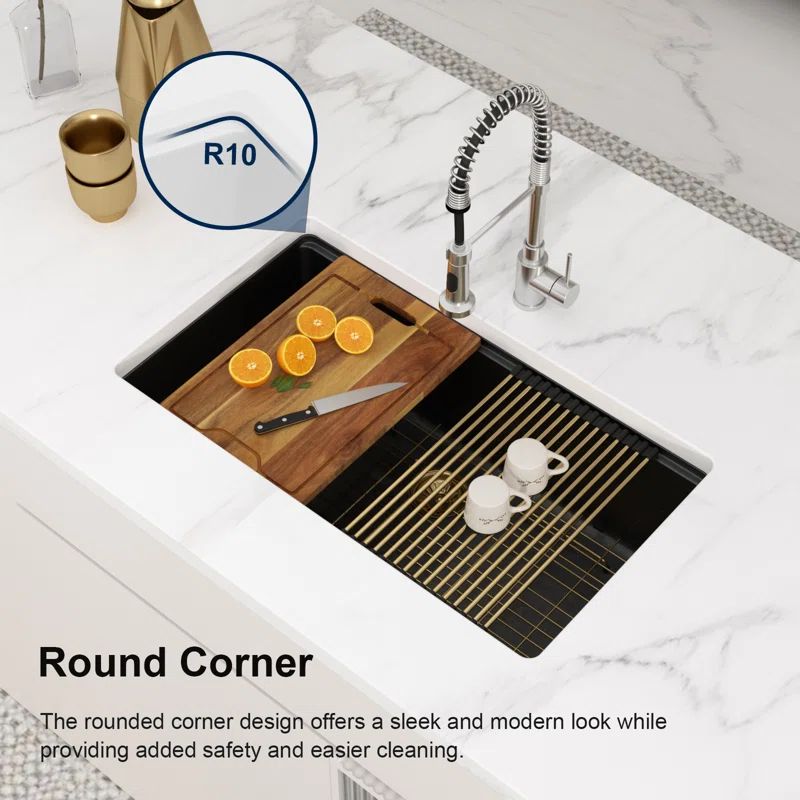 Dcolora 33'' Kitchen Sink - Undermount Single Bowl R10 Round Corner - Black Granite Composite Workstation with Cutting Board and Grid