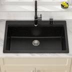 Dcolora 33''x22''x10'' Matte Black Drop-In Kitchen Sink, Single Bowl Granite Multifunctional Topmount Workstation Basin