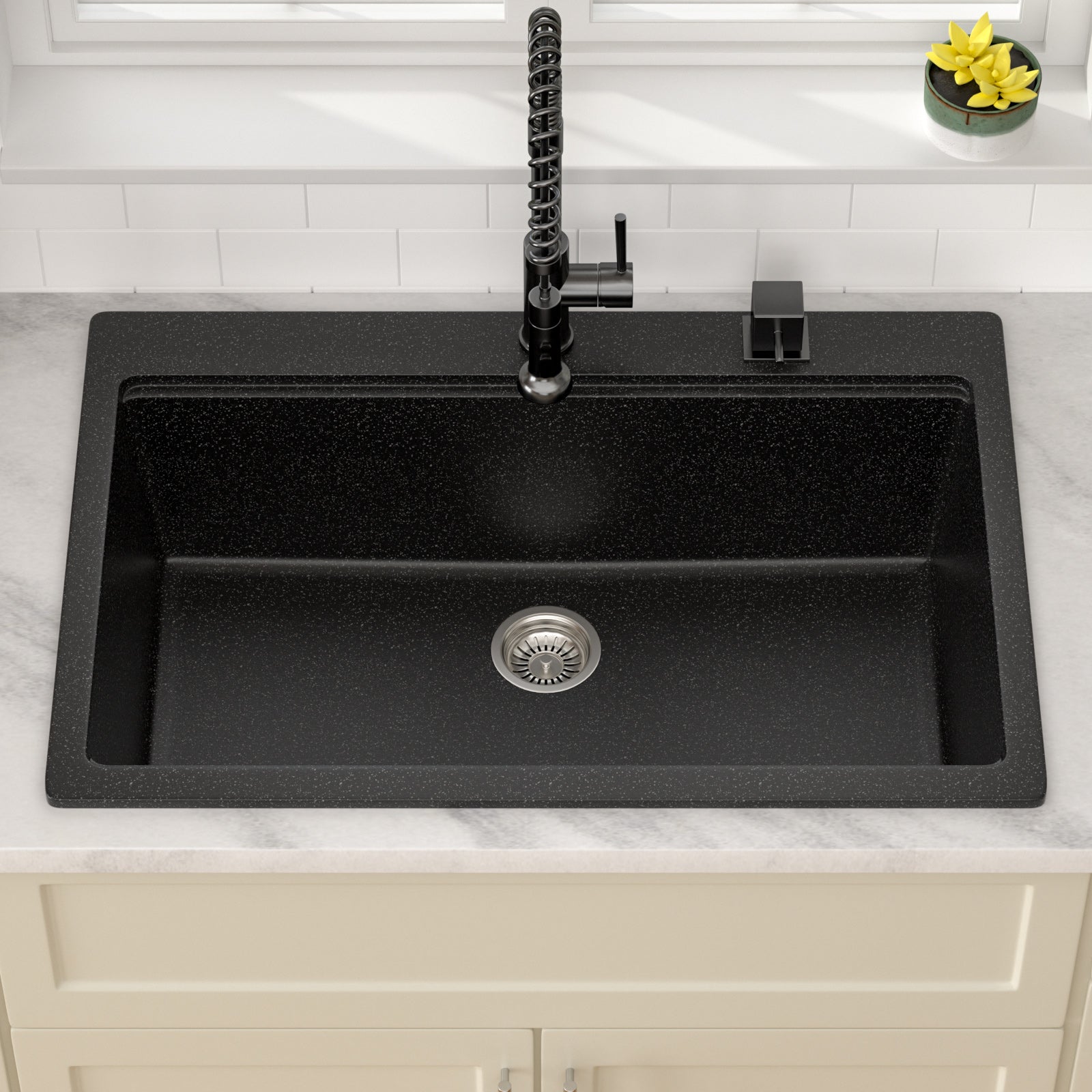 Dcolora 33 Inch Drop In Single Bowl Granite Black Kitchen Sink Multifunctional Topmount Workstation Sink #DC-0001GBT, Matte Black 33" x 22" x 10"