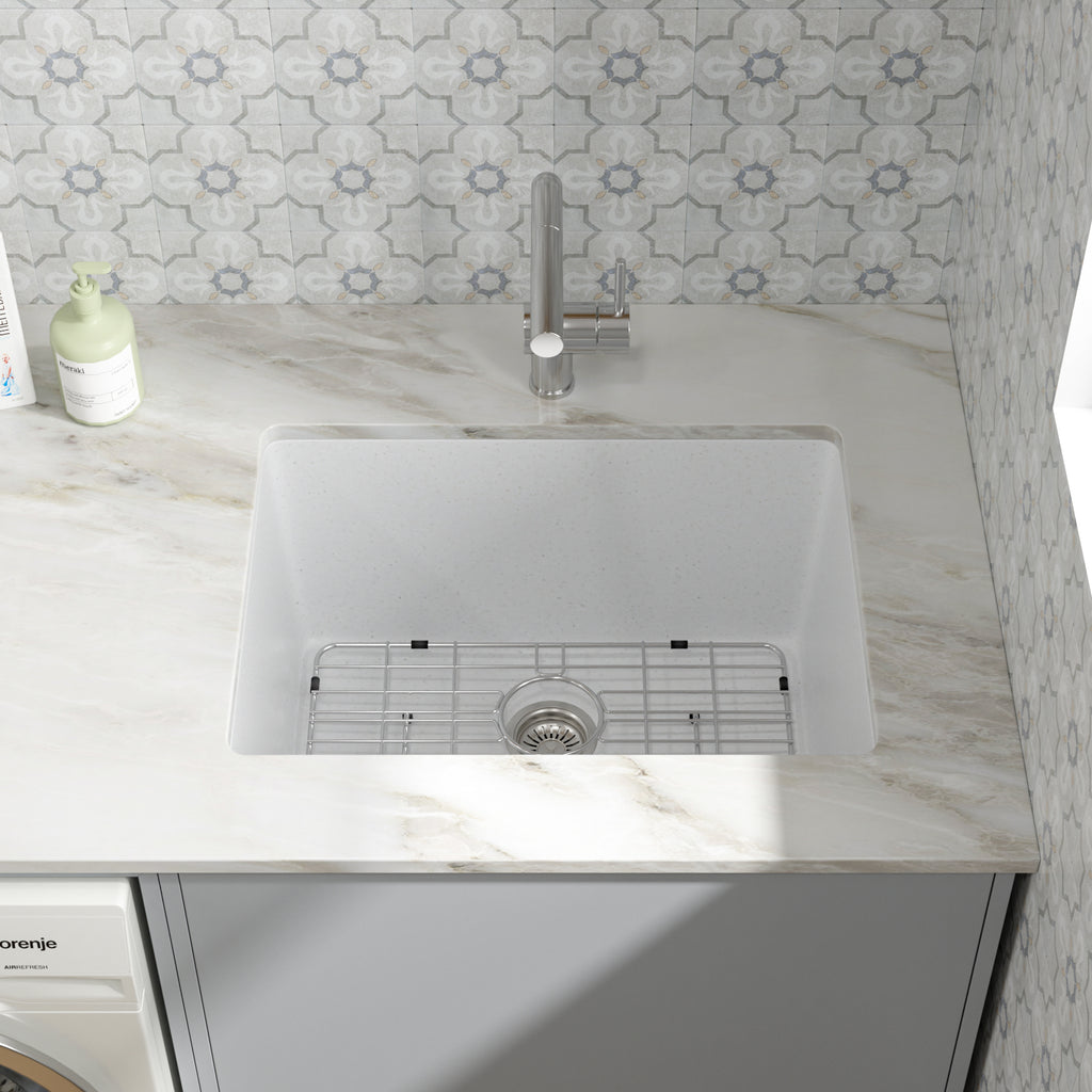 Dcolora 24'' White Undermount Deep Laundry Sink, Single Bowl Laundry Utility Room Granite Composite Basin