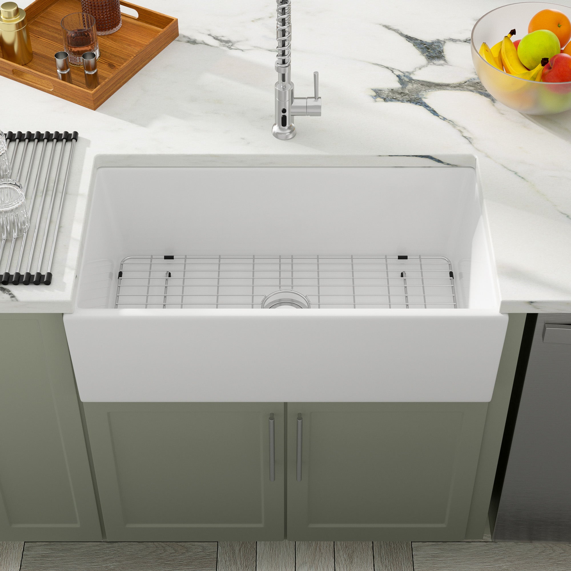 Dcolora 33 Inch Farmhouse Sink 33 Inch White, Apron Front Kitchen Sink White Fireclay Ceramic Porcelain Single Bowl Farm Kitchen Sink Basin DC-A7763