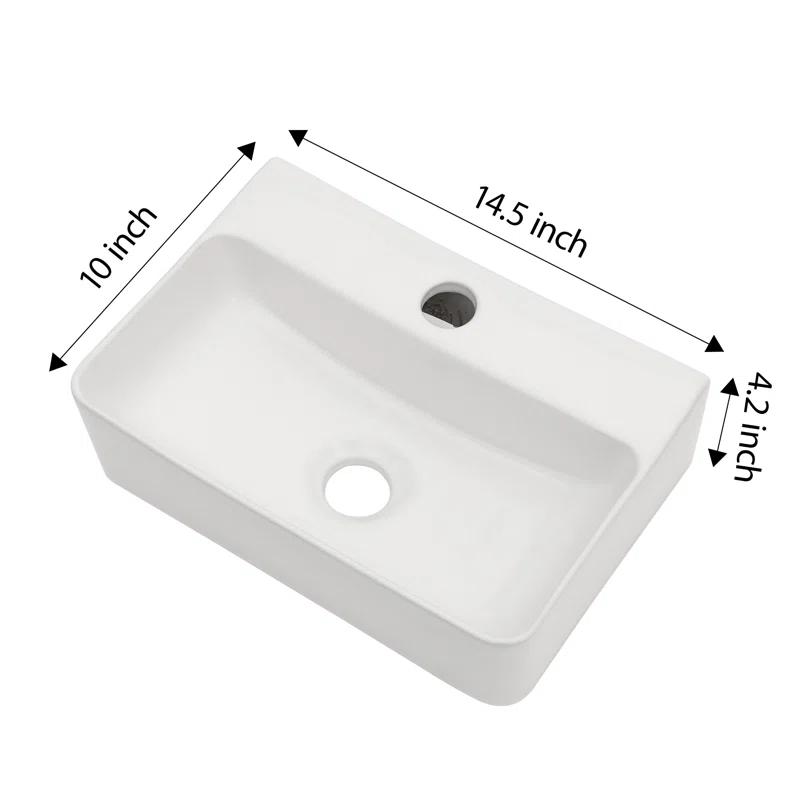 Dcolora 14.5'' x 10'' Wall Mounted Bathroom Sink - Rectangular White Ceramic Floating Basin with Faucet Hole