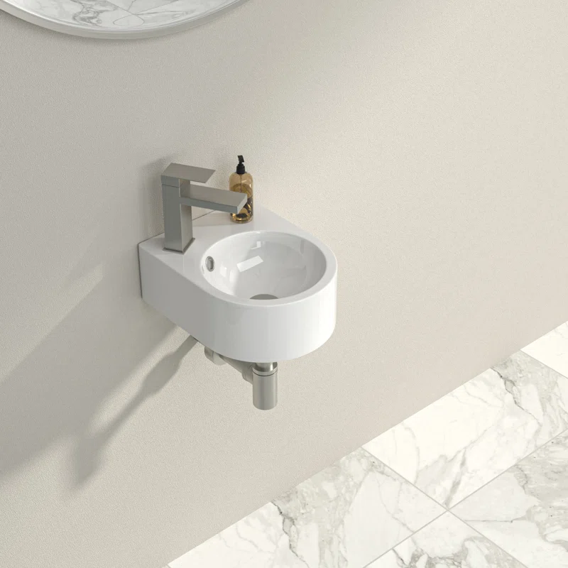 Dcolora 13'' x 10'' Wall Mounted Bathroom Sink - Circular White Ceramic Floating Basin with Faucet Hole