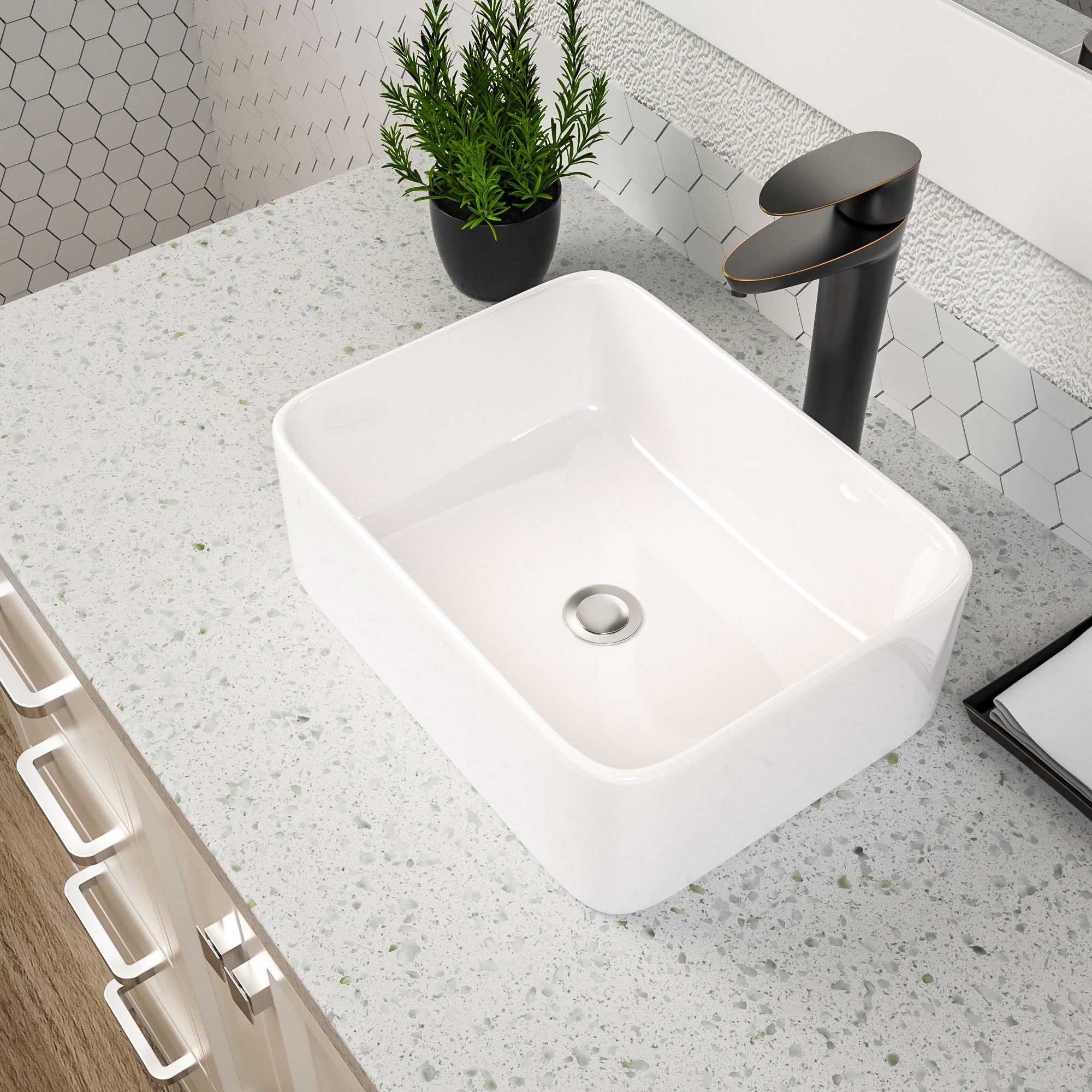 Dcolora 16"x12" Vessel Sink for Bathroom Rectangular Countertop White Ceramic Sink Porcelain Rectangle Bath Vanity Vessel Sink Above Counter DC-V8870