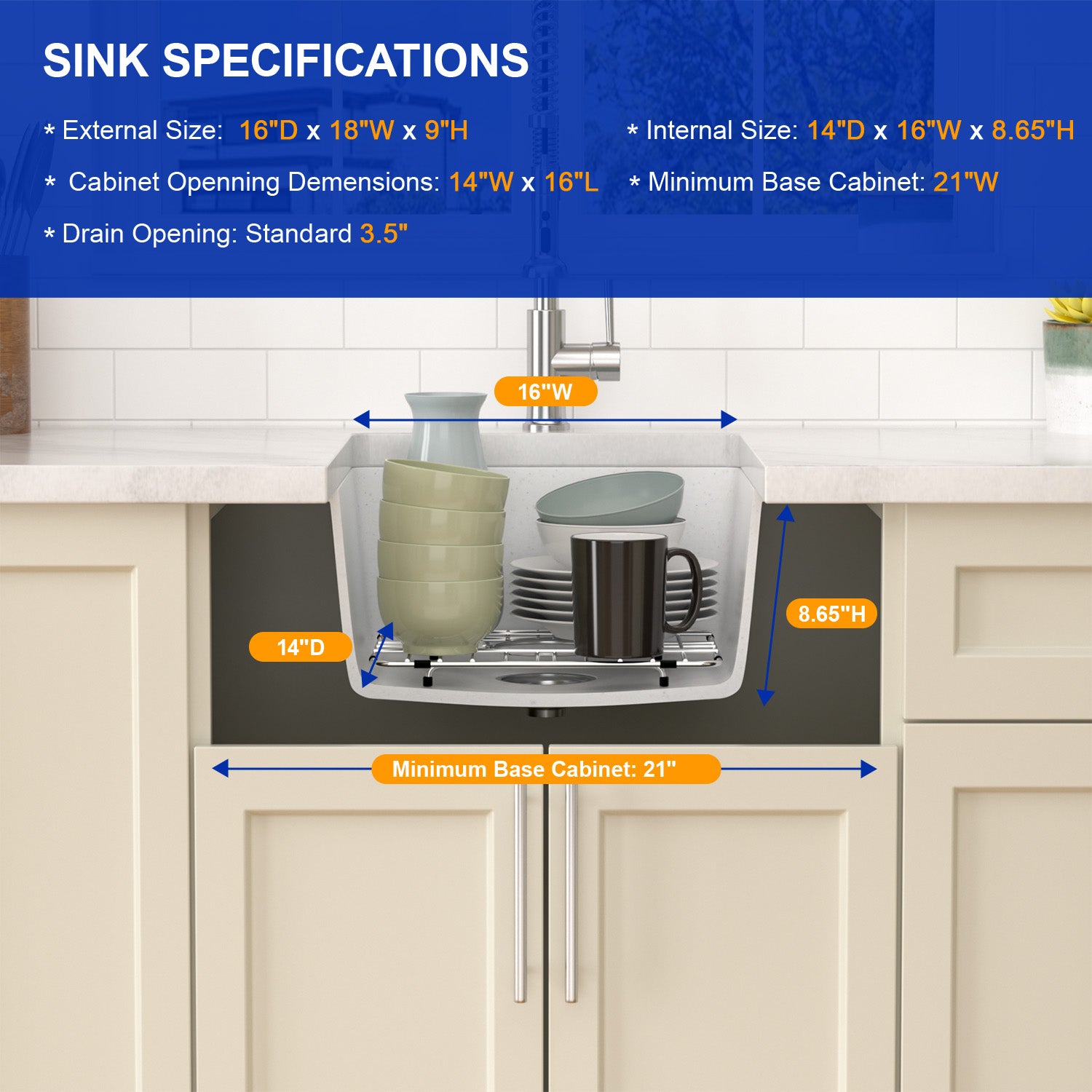 Dcolora 18 Inch Undermount Small Bar Sink Single Bowl Kitchen Sink White Granite Composite Wet Bar Sink 18"W×16"D×9"H,DC-GUW002