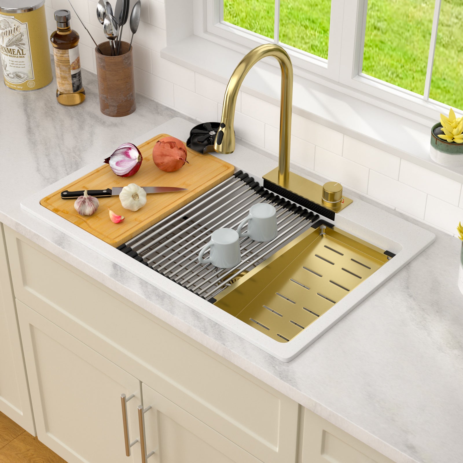 Dcolora 33x22 Waterfall Smart Kitchen Sink Workstation White Drop In Single Bowl Multifunctional Sink With Faucet And Cup Washer,33 Inch Granite Composite DC-GWT7433FY