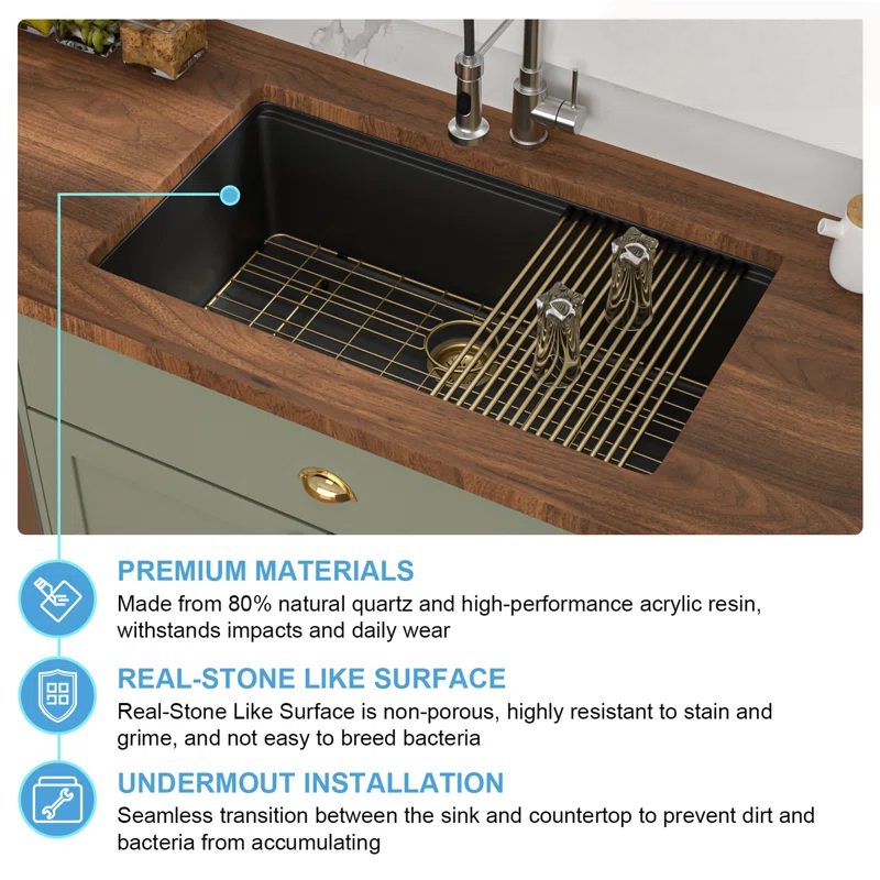 Dcolora 30'' Kitchen Sink - Undermount Single Bowl R10 Round Corner - Black Granite Composite Workstation with Cutting Board and Grid
