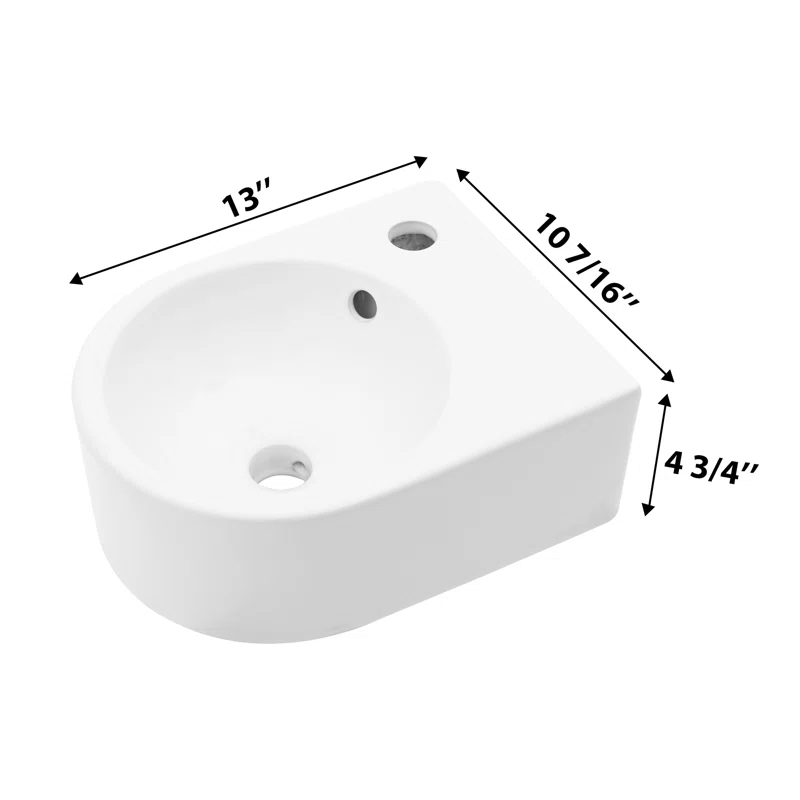 Dcolora 13'' x 10'' Wall Mounted Bathroom Sink - Circular White Ceramic Floating Basin with Faucet Hole