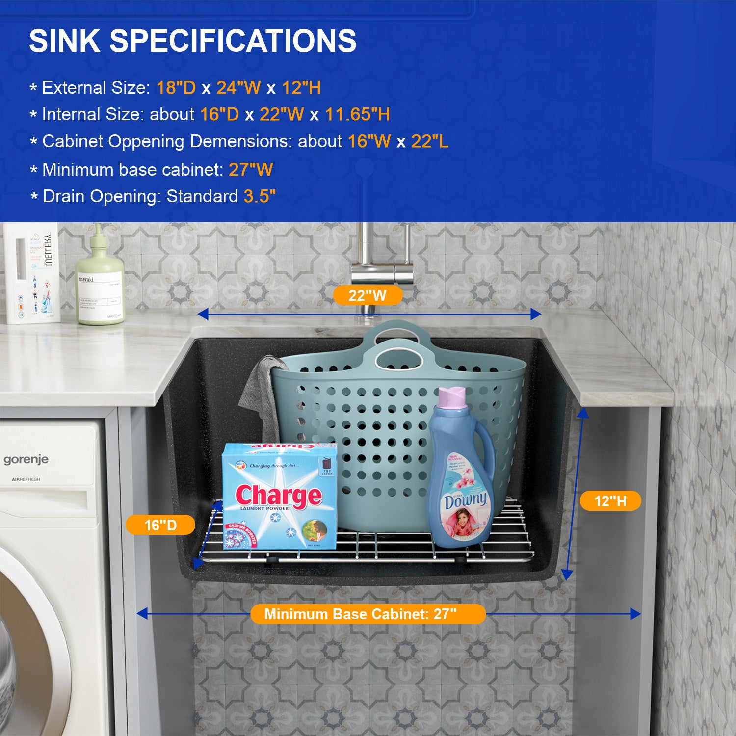 Dcolora 24 Inch Matte Black Undermount Deep Laundry Sink Single Bowl Laundry Utility Room Sink Granite Composite,#DC-0001GBL