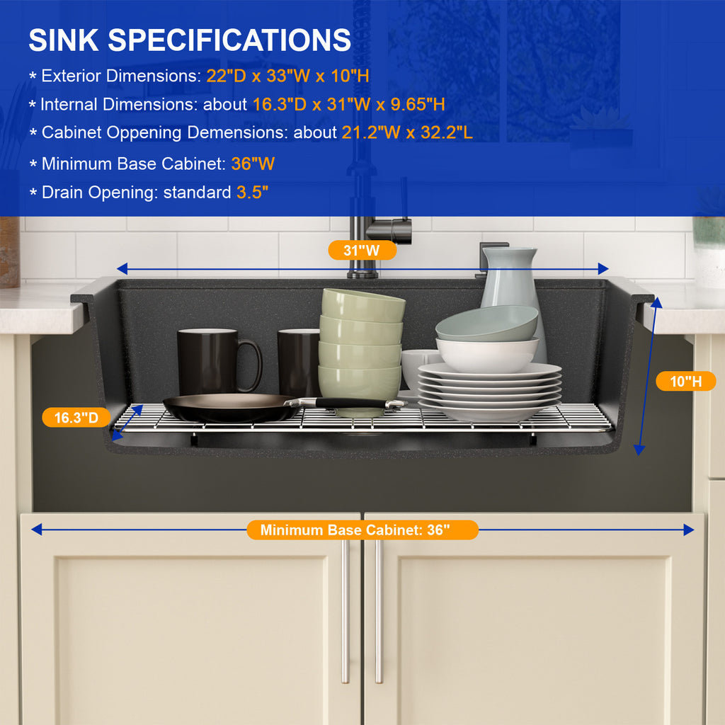 Dcolora 33''x22''x10'' Matte Black Drop-In Kitchen Sink, Single Bowl Granite Multifunctional Topmount Workstation Basin