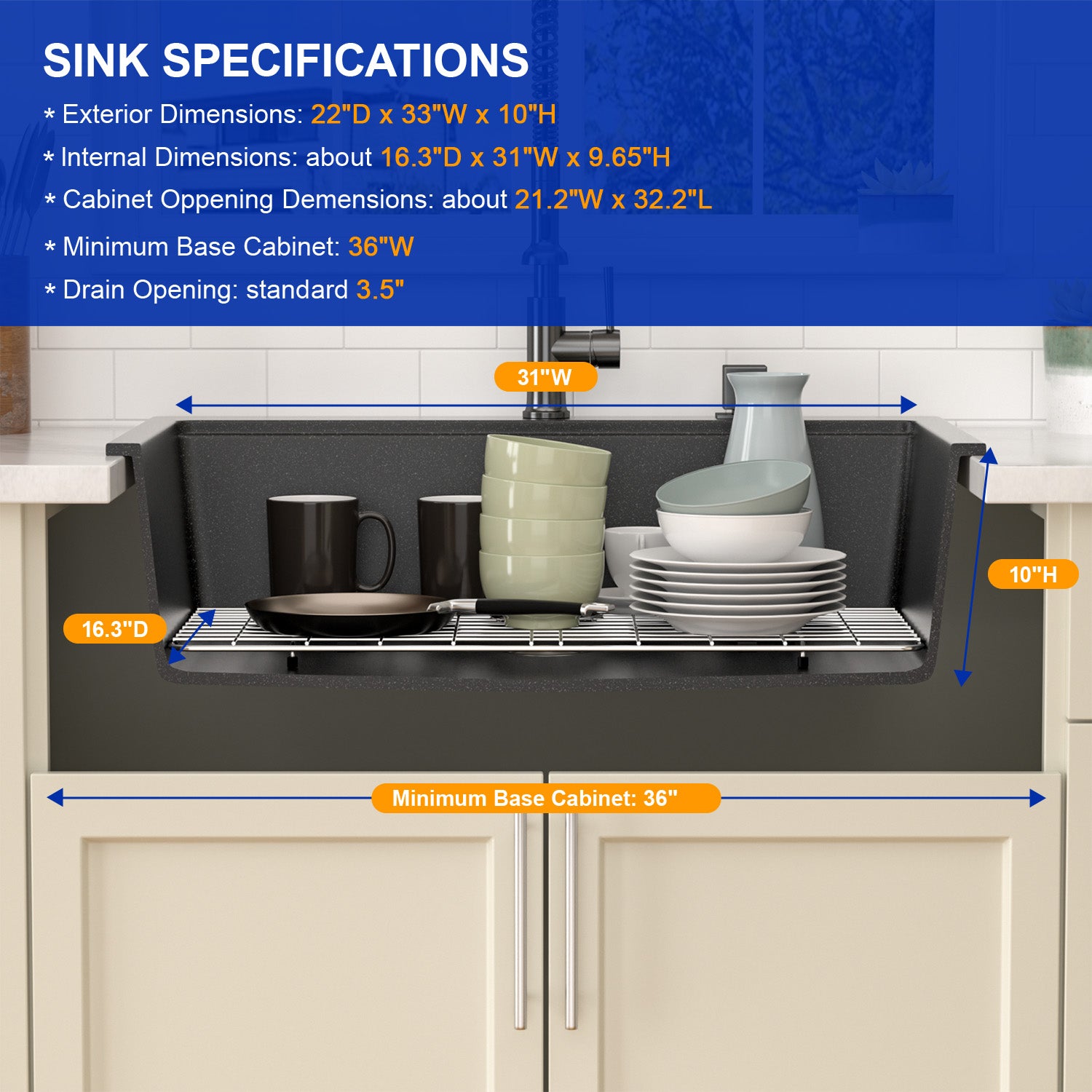 Dcolora 33 Inch Drop In Single Bowl Granite Black Kitchen Sink Multifunctional Topmount Workstation Sink #DC-0001GBT, Matte Black 33" x 22" x 10"