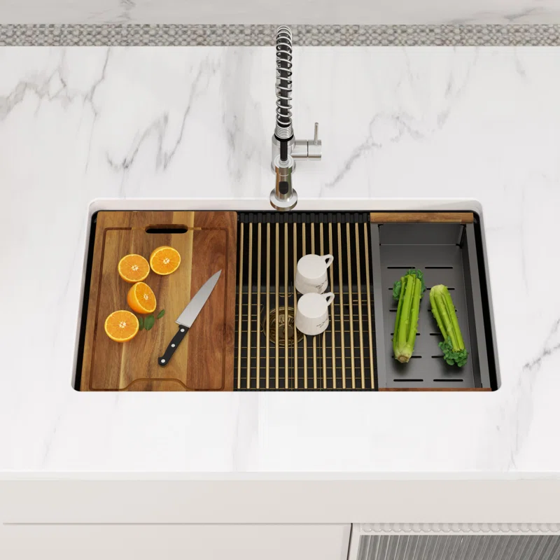 Dcolora 33'' Kitchen Sink - Undermount Single Bowl R10 Round Corner - Black Granite Composite Workstation with Cutting Board and Grid