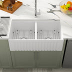 Dcolora 33'' White Farmhouse Sink, 50/50 Double Bowl Apron Front Fireclay Ceramic Porcelain Reversible Basin