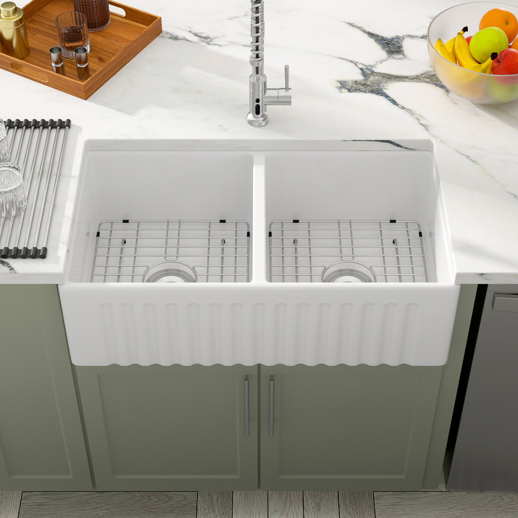 Dcolora 33 Inch Farmhouse Sink Double Bowl 50/50 Farm White Kitchen Sink Double Basin Apron Front White Fireclay Ceramic Porcelain Reversible DC-A7757