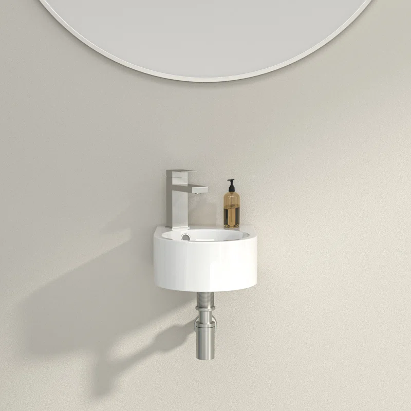 Dcolora 13'' x 10'' Wall Mounted Bathroom Sink - Circular White Ceramic Floating Basin with Faucet Hole