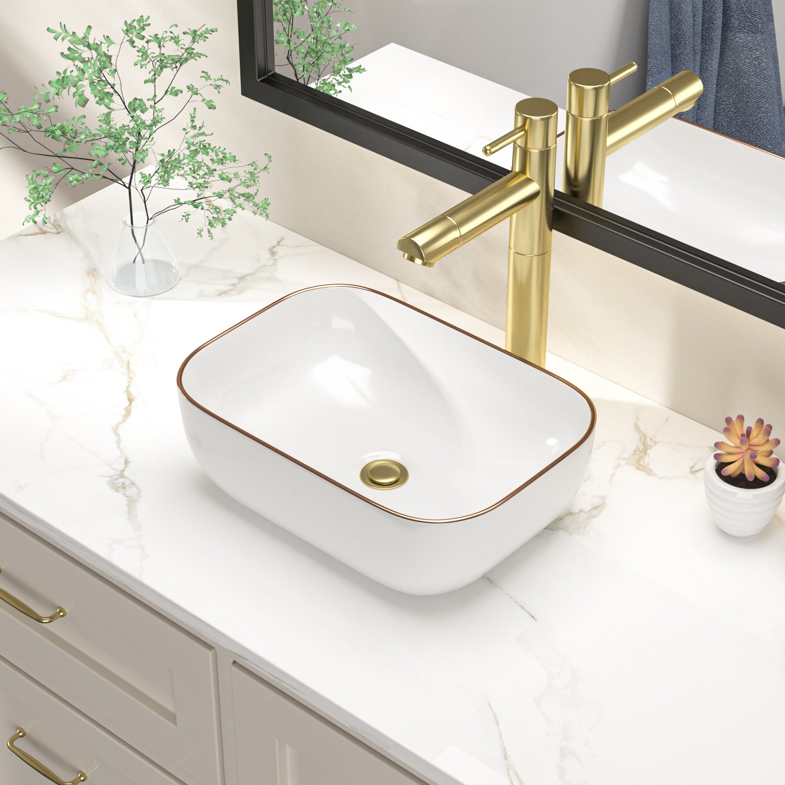 Dcolora Small Vessel Sink 14.5” x 10” Rectangular White Vessel Bathroom Sink With Gold Lip Ceramic Porcelain Above Counter Small Vanity Basin Wash Bowl Sink,DC-VS0003