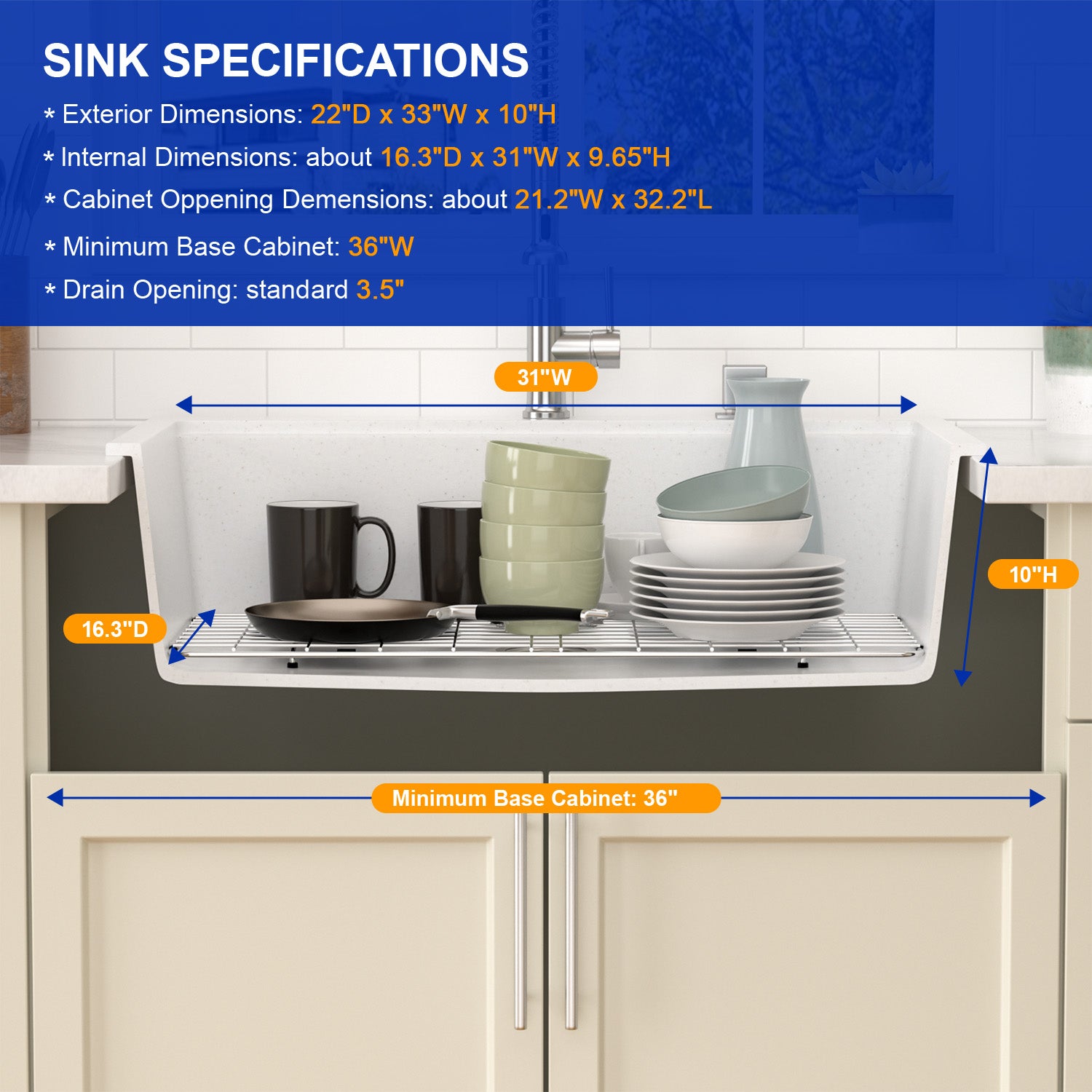 Dcolora 33 Inch Drop In Single Bowl Granite Composite White Kitchen Sink Multifunctional Topmount Workstation Sink #DC-0002GWT, Matte White 33" x 22" x 10"