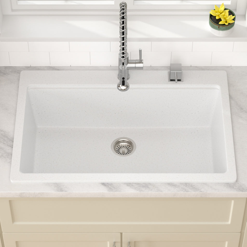 Dcolora 33''x22''x10'' Matte White Drop-In Kitchen Sink, Single Bowl Granite Composite Multifunctional Topmount Workstation Basin, #DC-0002GWT