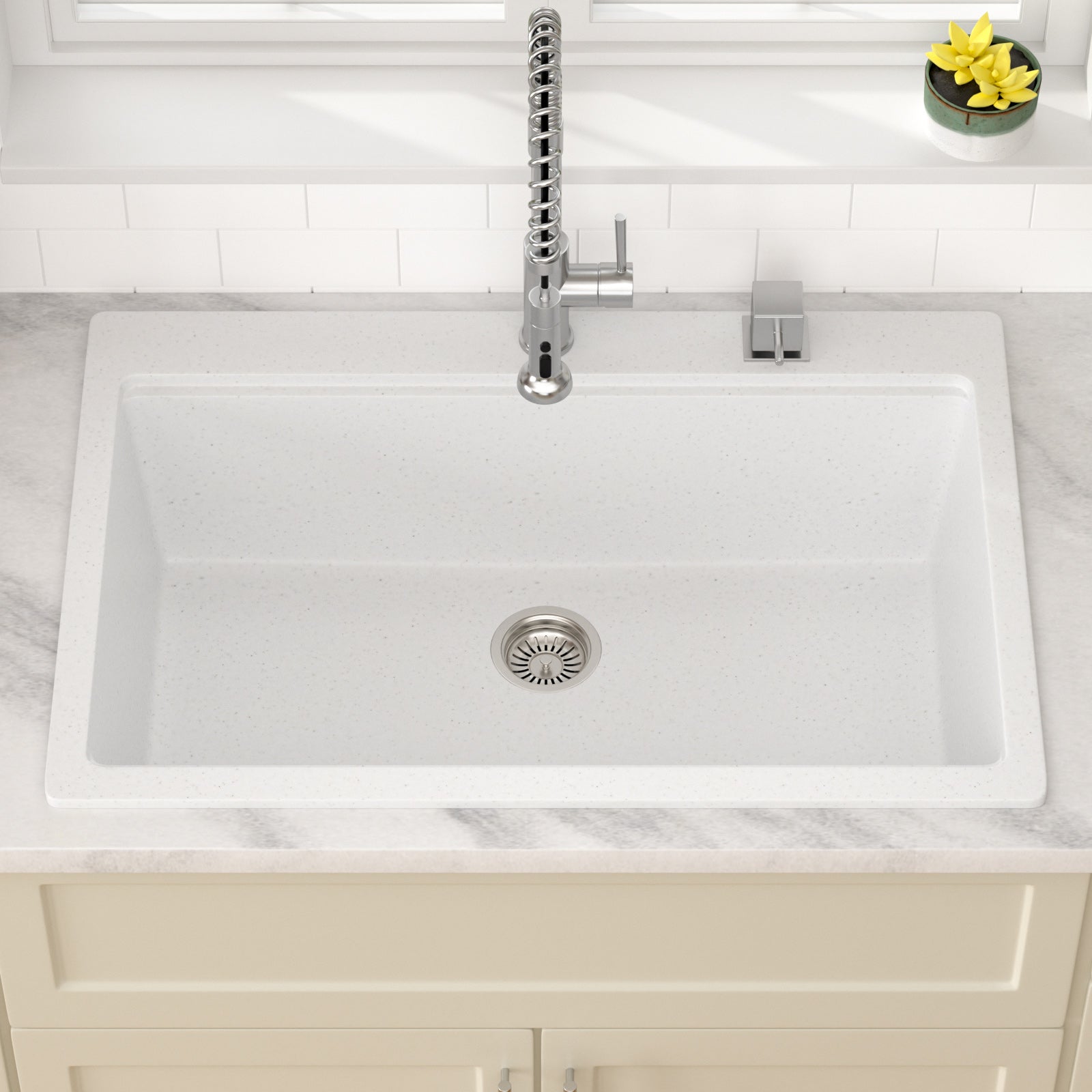 Dcolora 33 Inch Drop In Single Bowl Granite Composite White Kitchen Sink Multifunctional Topmount Workstation Sink #DC-0002GWT, Matte White 33" x 22" x 10"