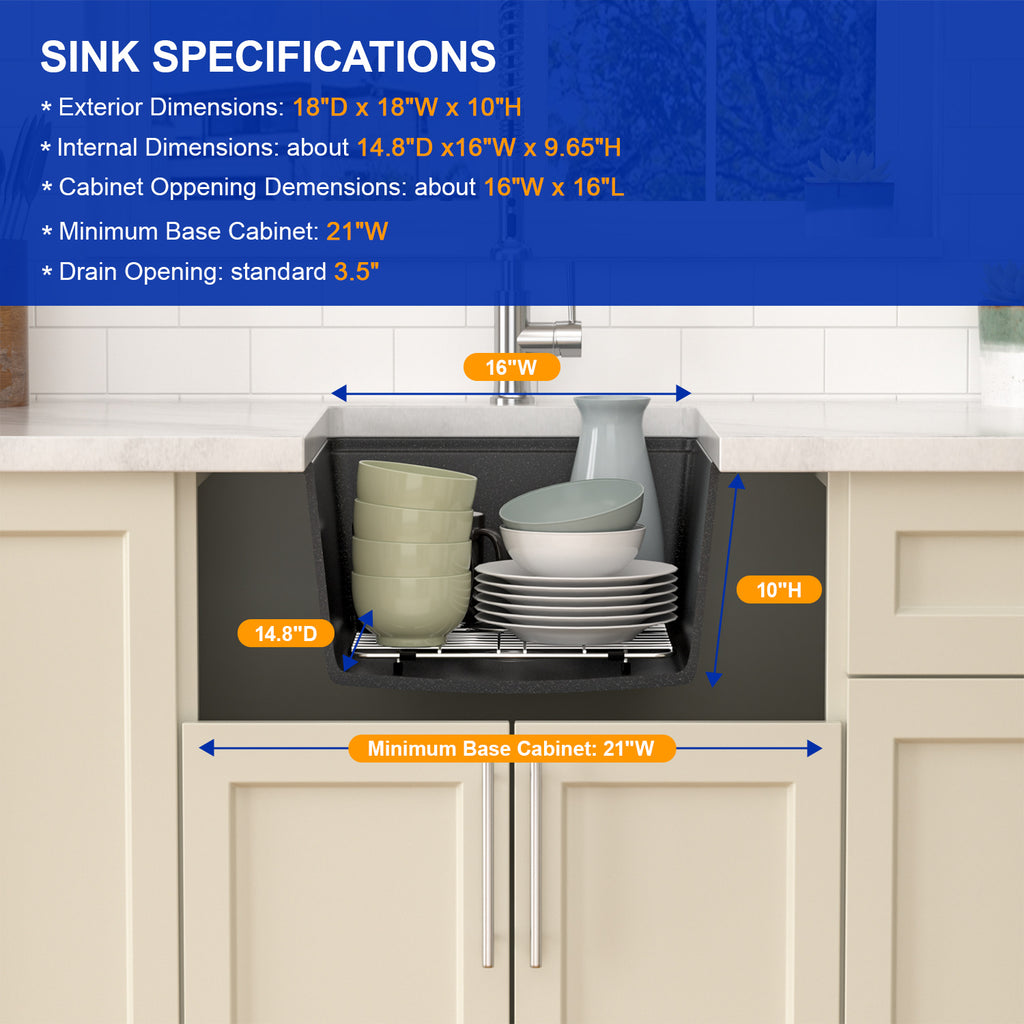 Dcolora 18'' Matte Black Undermount Wet Bar Sink, Single Bowl Small Kitchen Granite Composite Sink with Workstation, #DC-GU0002BS