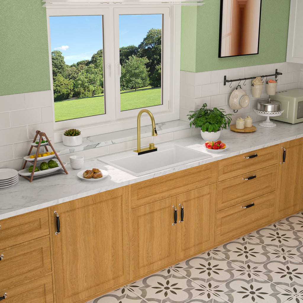 Dcolora 33''x22'' White Waterfall Smart Kitchen Sink, Drop-In Single Bowl Multifunctional Workstation Basin with Faucet