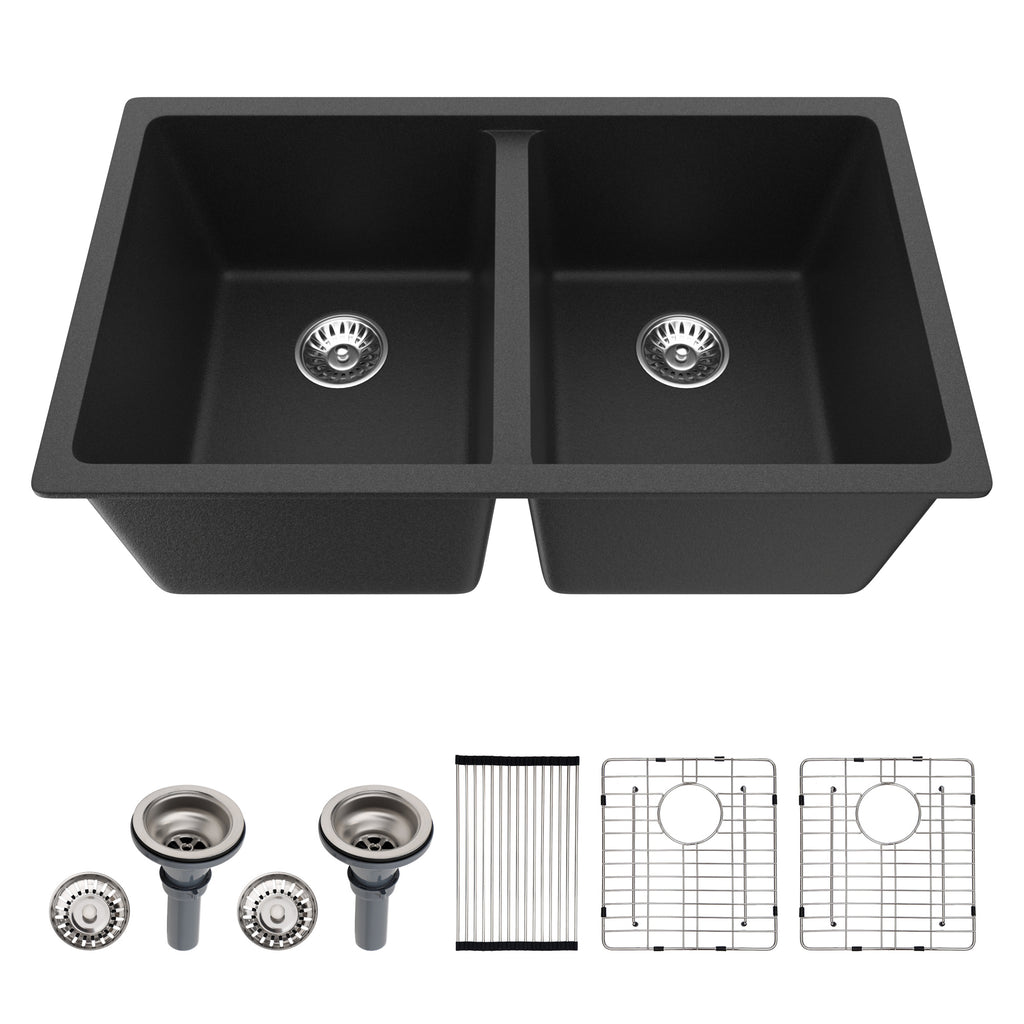 Dcolora 33'' Quartz Matte Black Granite Composite Kitchen Sink, Undermount Double Bowl Deep 50/50 Split Basin